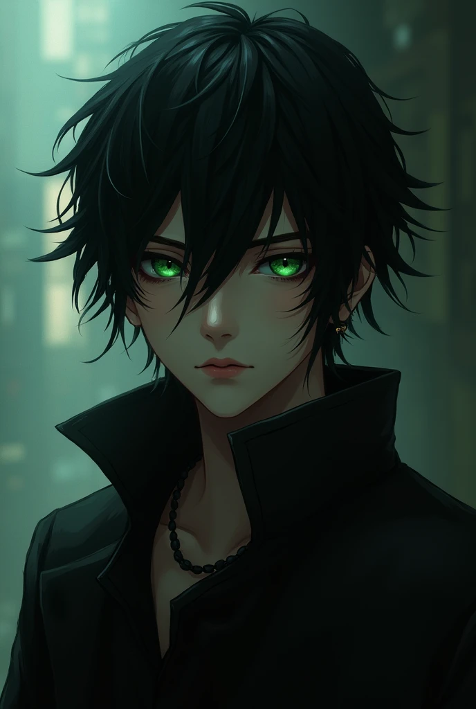 Male teenager in black clothing, mysterious black hair and green eyes