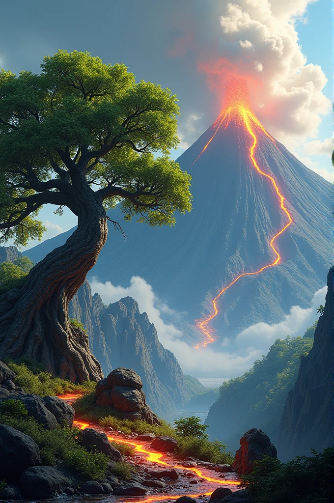 A volcano in the background with a chestnut tree on one side of the volcano