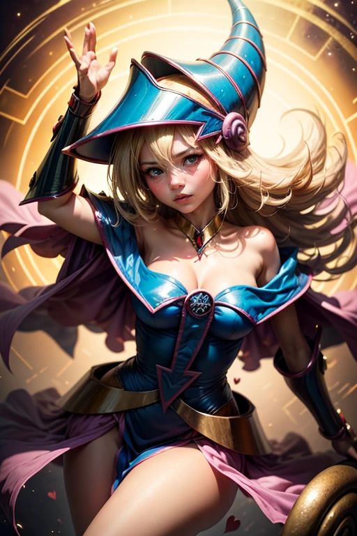 (masterpiece: 1.2), (Best quality: 1.2), Perfect lighting, Dark Magician Girl casting a spell, in battle, Fight a red-skinned dragon. In her twenties, floating in the air, medium breasts visible, transparent neckline, blue cloak, large hat, from above, sparkles, Yugioh game, the magic of the heart. LIGHTS OF THE HEART, romantic heart. dragon battle