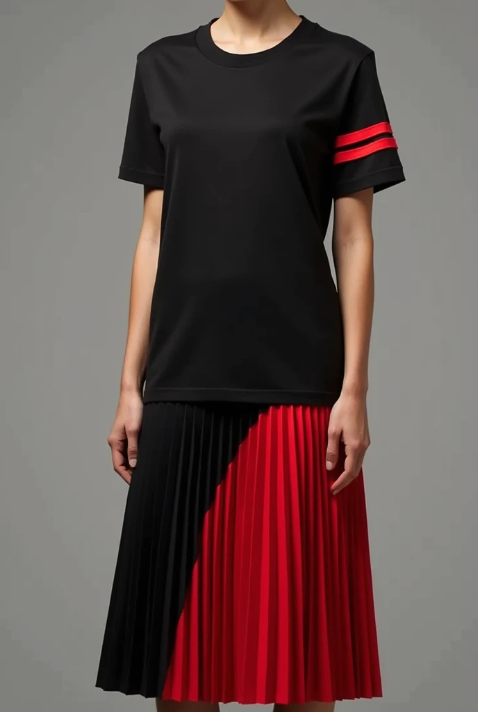 Black short-sleeved T-shirt with a red stripe only on the sleeve and on the neck area together with a pleated skirt alternating red and black on each panel