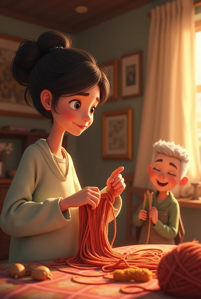 Penelope unraveling and knitting a sweatshirt for her father-in-law every day animated for children