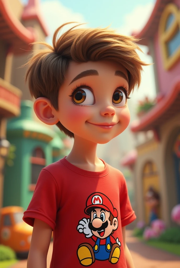 create a playful boy with a red shirt with mario bros face print , super short light brown hair and fair skin, lightbrown eyes, fine nose, no freckles,thin body with a curious and interested appearance