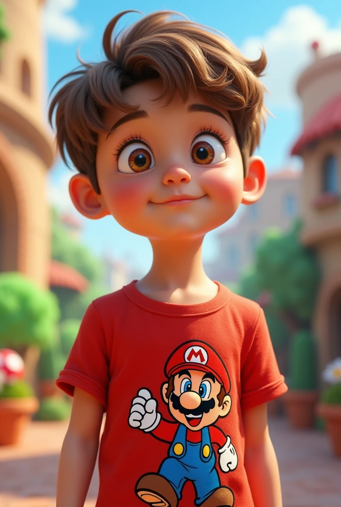 create a playful boy with a red shirt with mario bros face print , super short light brown hair and fair skin, lightbrown eyes, fine nose, no freckles,thin body with a curious and interested appearance