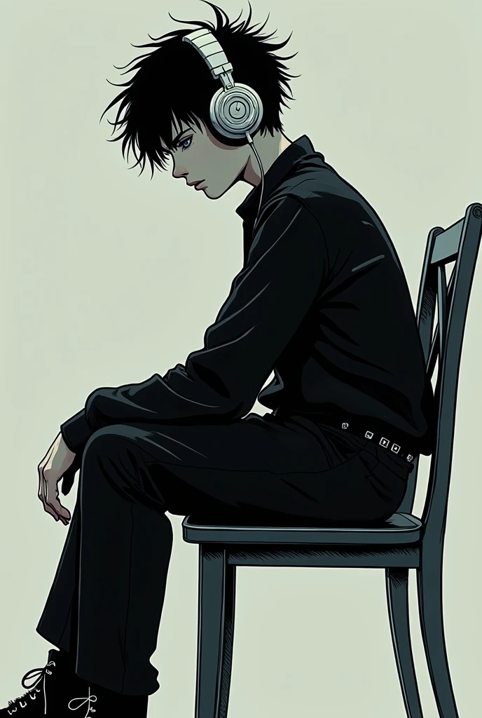 A gothic boy illustrated in a comic book style, with bold lines and dark, moody colors, sitting in profile on a chair, full body. The boy has pale skin, dark, messy hair, and is dressed in a black outfit with silver accessories, wearing large headphones over his ears. His body turned sideways, his eyes looking intently forward.