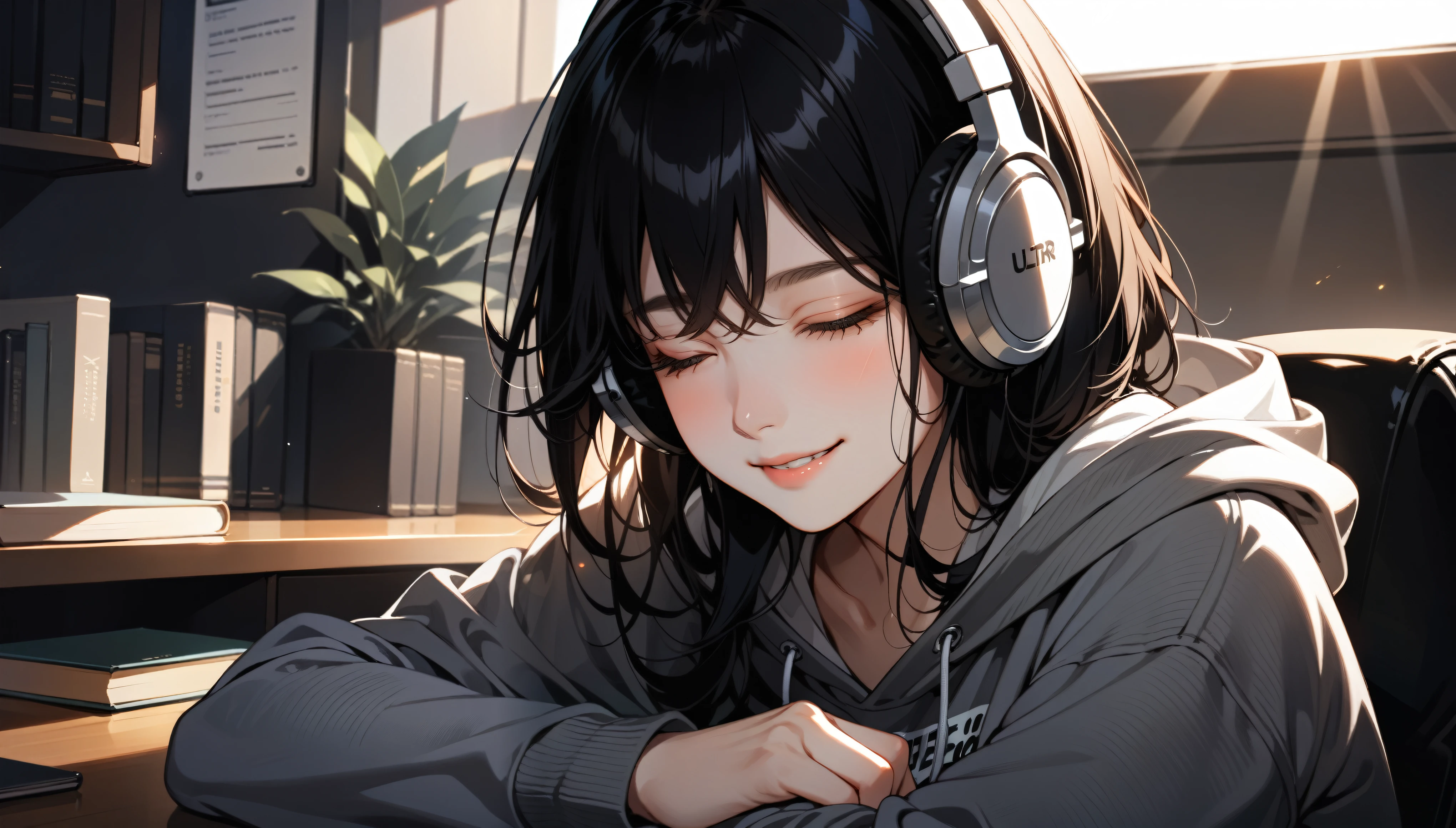 High resolution, masterpiece, Highest quality, Ultra high definition, One person, solo, Beautiful Face, Black Hair, close your eyes, Smile, Close-up, Grey sweatshirt hoodie, Headphones, Evening room, There is a book on the desk, meditation