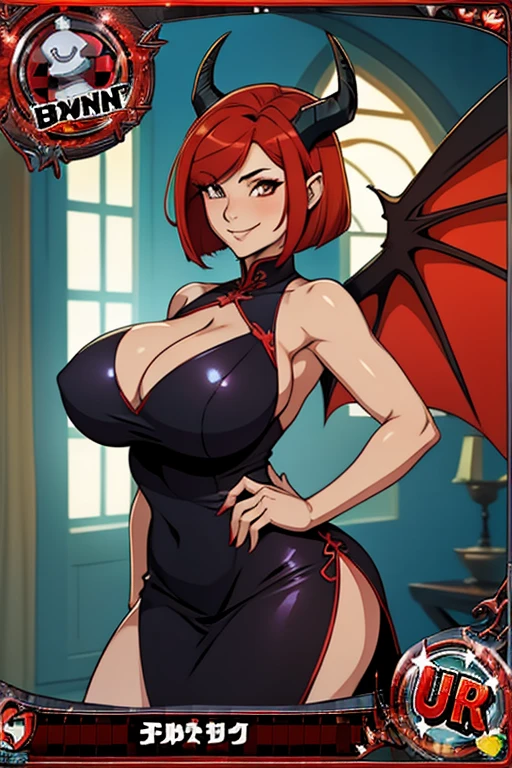 trading card, devil, sexy pose, big breasts, curvy, smile, bob haircut, sexy china dress, redhead, big bat wings, horns
