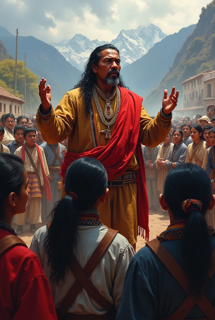 Tupac Amaru II speaking to a crowd of indigenous and mestizo people who listen to him with admiration 