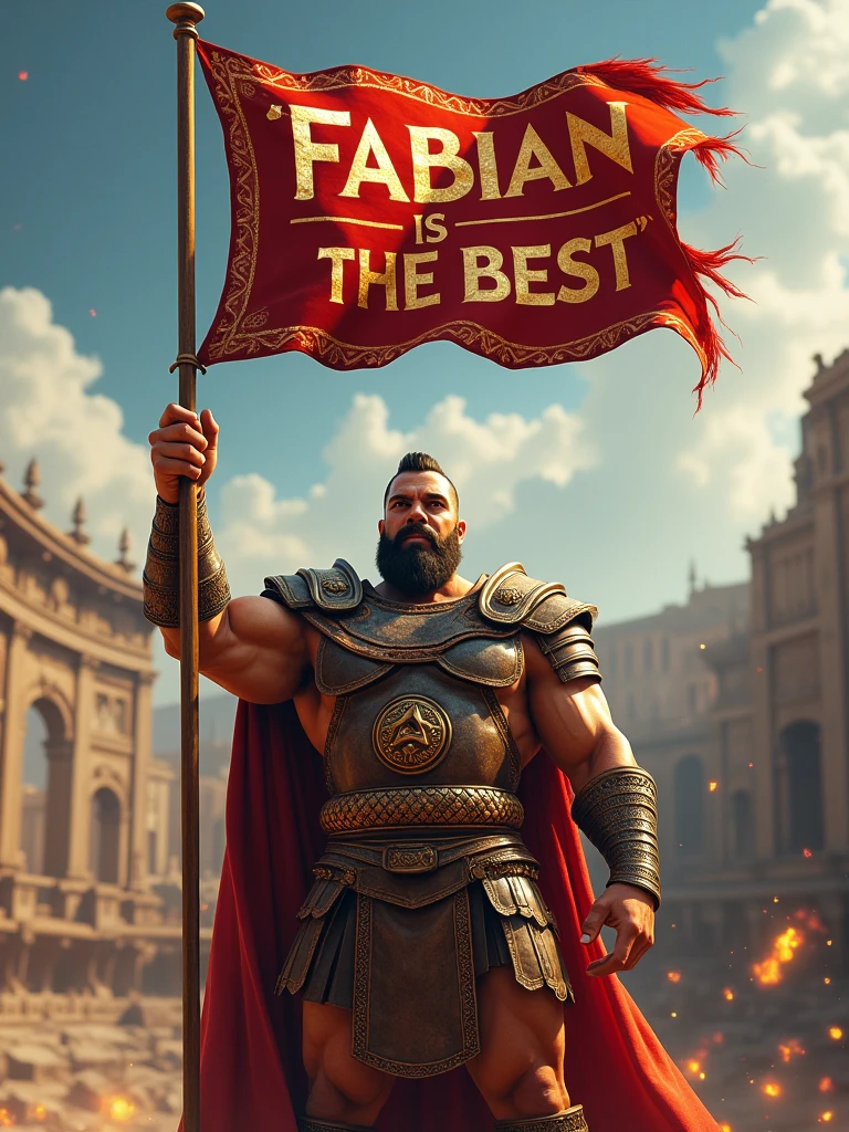 gladiator holding flag with slogan "fabian is the best"