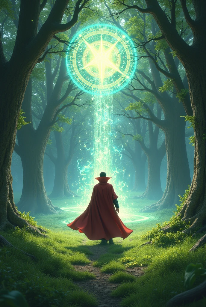 Create an image of Doctor Strange opening a portal by stepping on grass 
