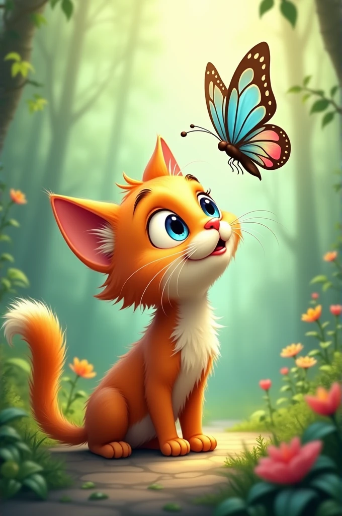 Cartoon of a cat with big eyes looking in wonder at a small butterfly 