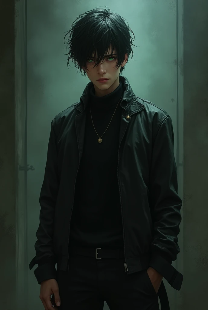 Male teenager in black clothing, mysterious black hair and green eyes. realisitic