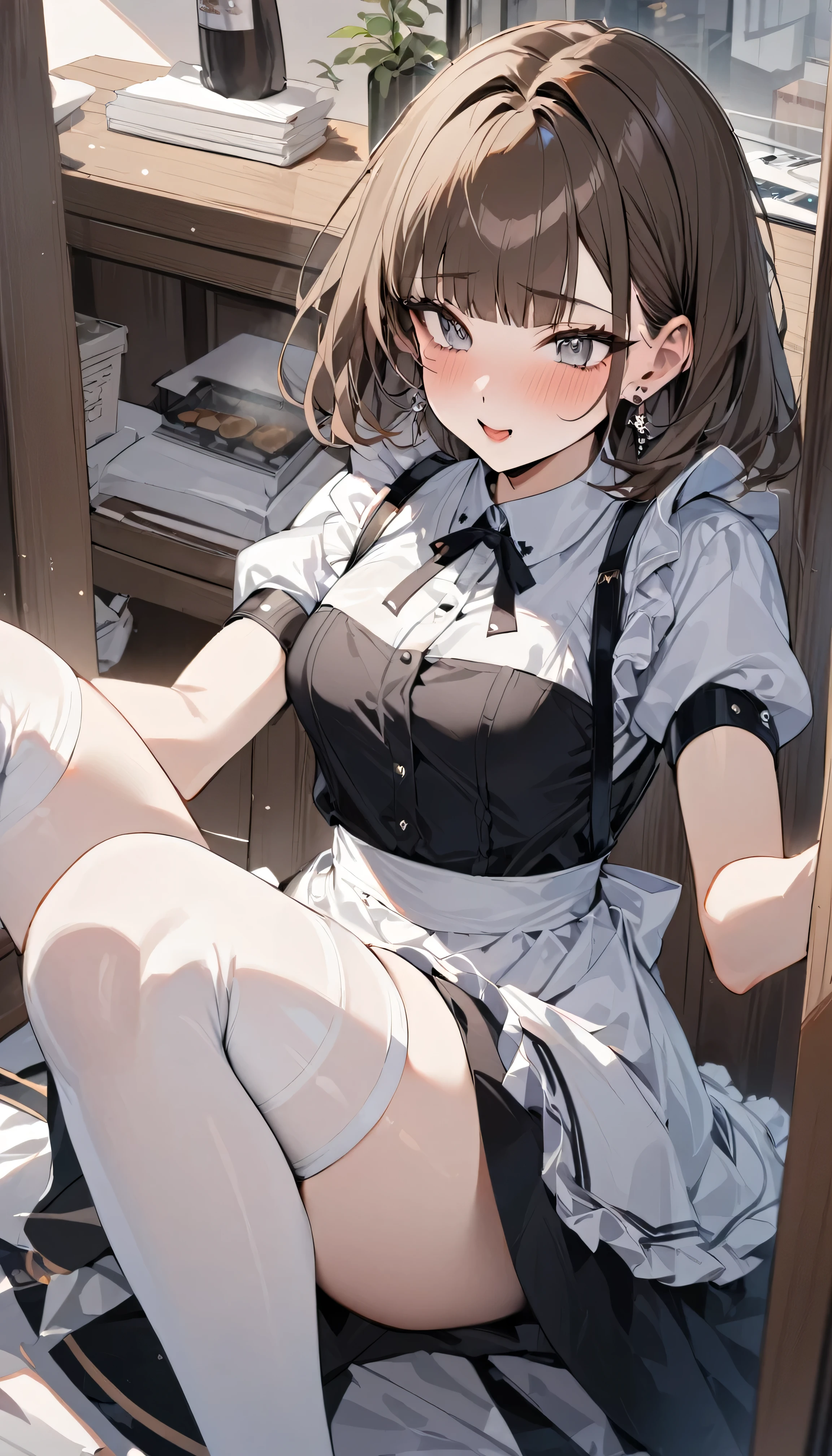a cute anime nurse wearing stockings and suspenders on a shelf, 1 girl, nurse, alone, underwear, panties, Thighhighs, nurse cap, chest, have, clothing lift, green eyes, brown hair, white Thighhighs, smile, dress, looking at the viewer, dress lift, white panties, lift it yourself, blush,mature woman, Over 45 years old