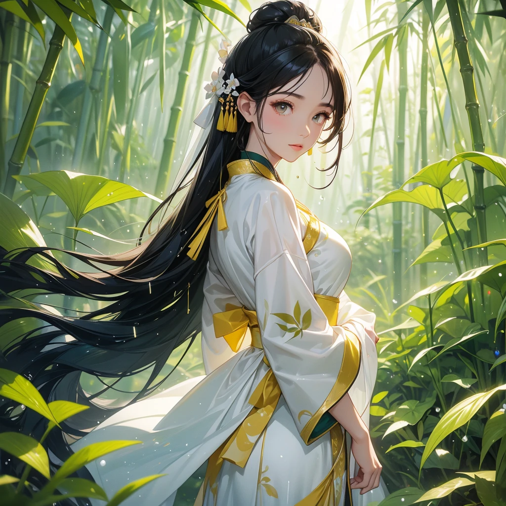 A black hair beautiful female in white-yellow hanfu dress , close up.

The back is a lush green bamboo forest. The air after rain has water droplets splashing around.