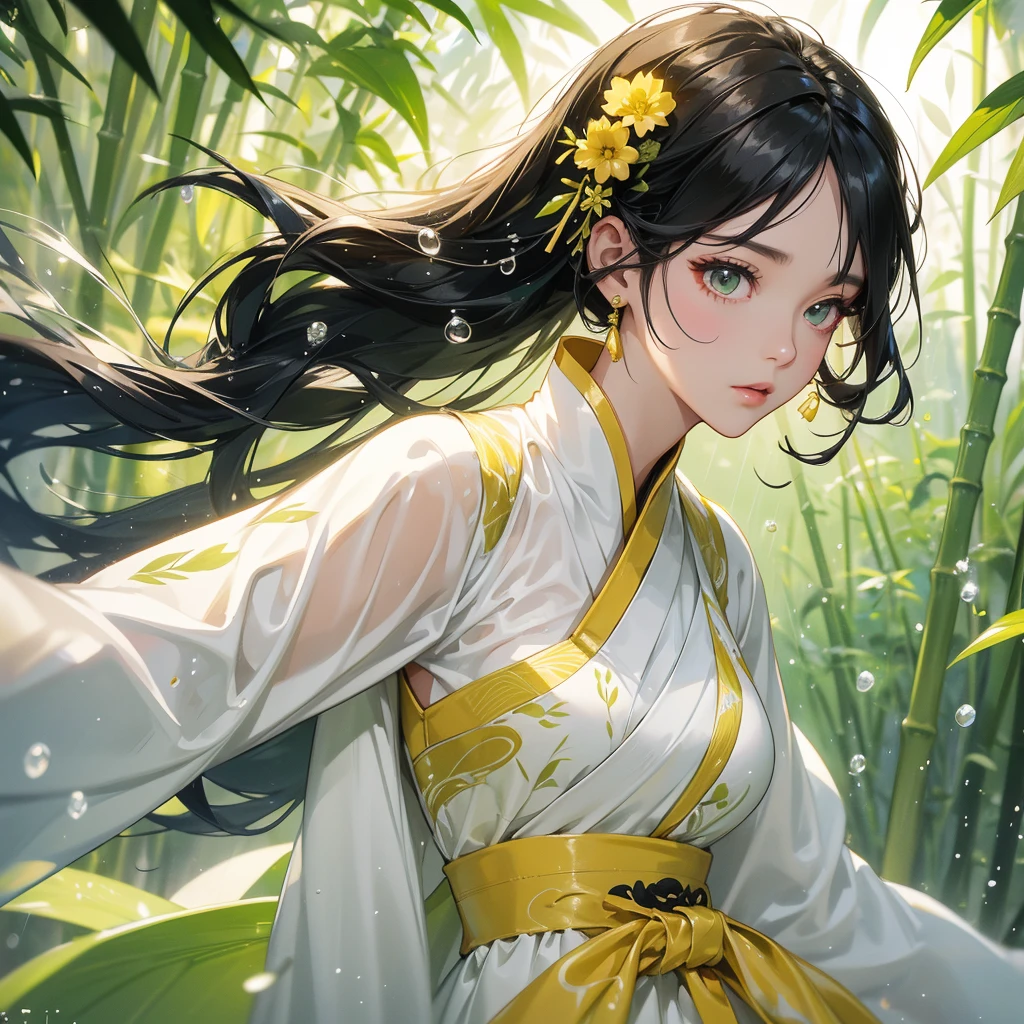 A black hair beautiful female in white-yellow hanfu dress , close up.
The back is a lush green bamboo forest. The air after rain has water droplets splashing around.