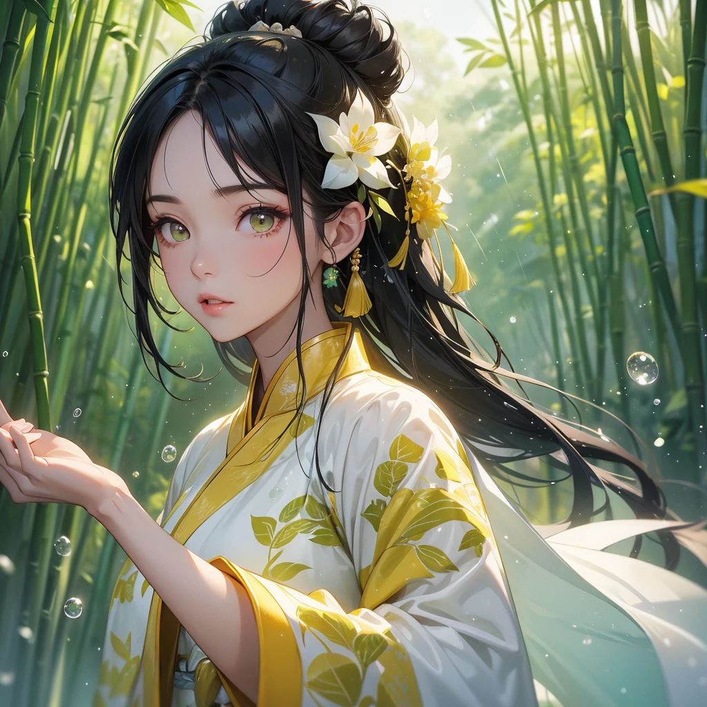 A black hair beautiful female in white-yellow hanfu dress , close up.
The back is a lush green bamboo forest. The air after rain has water droplets splashing around.