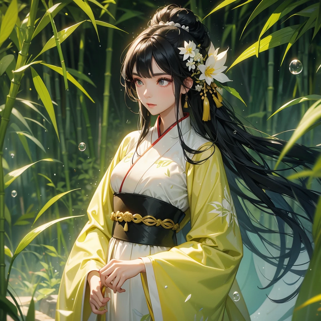 A black hair beautiful female in white-yellow hanfu dress , close up.

The back is a lush green bamboo forest. The air after rain has water droplets splashing around.