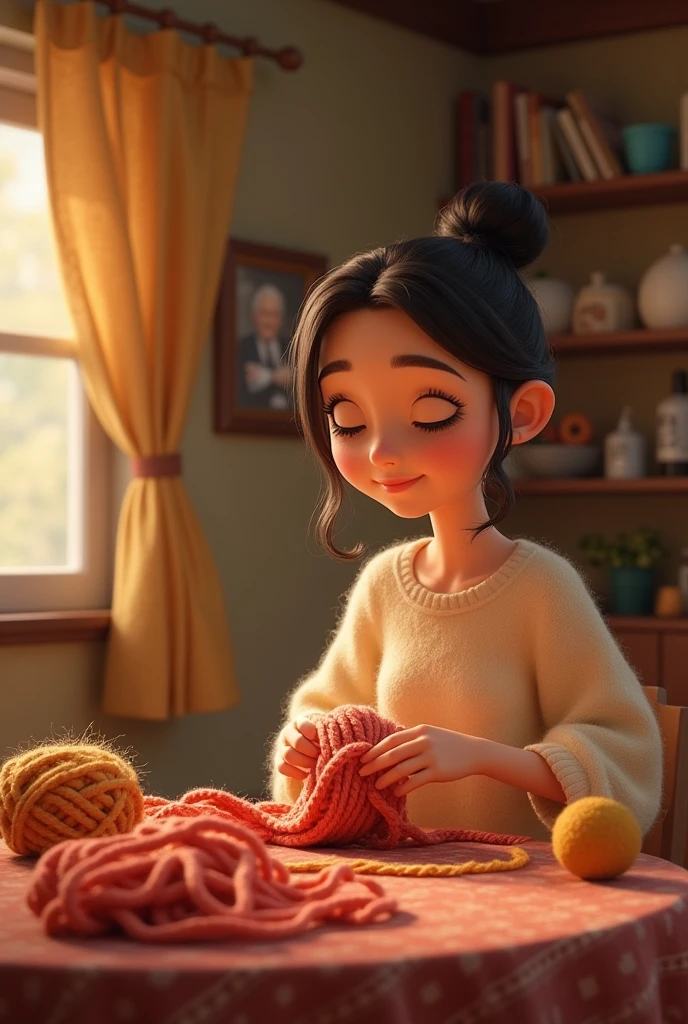 Penelope unraveling and knitting a sweatshirt for her father-in-law every day animated for children