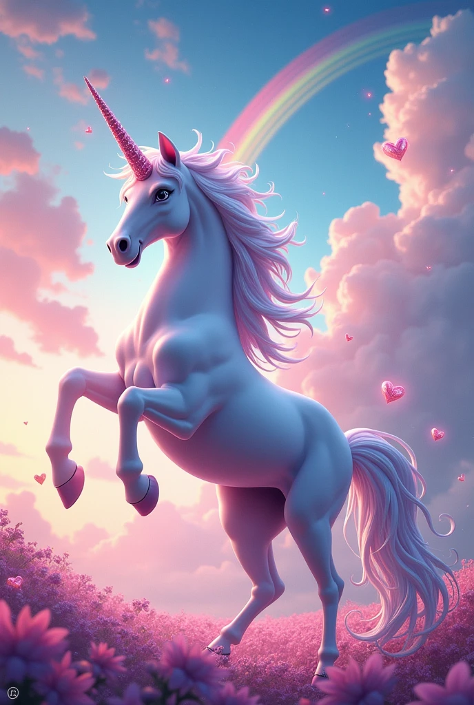 Beautiful big unicorn with rainbows and hearts and sparkles