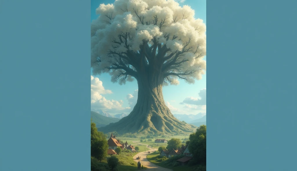 an astronomically large tree, far away view, white leaves, branches reaching far out, immense size, dwarfing other trees, [quaint villages under the shade], [small cottages], [serene ambiance], [tiny houses], [soft sunlight], [calm setting], (16,9)