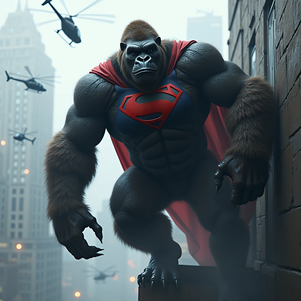 Superman  and gorilla hybrid version.The gorilla looks like Superman and is wearing a Superman suit. The gorilla is also wearing a Superman face mask. And he is hanging from a building. Some helicopters are also flying around the building