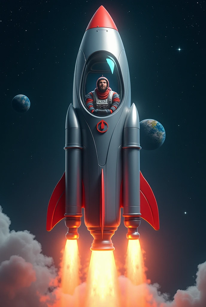 Imagine a sleek, modern rocket with a shiny silver surface and details in red and blue. The rocket is in mid-ascent, with flames and smoke billowing from its engines, creating a bright trail in the dark, star-filled sky.
Inside the transparent cabin of the rocket, there’s a man sitting in a pilot's seat, wearing a futuristic spacesuit. He has a helmet with a reflective visor, allowing you to partially see his smiling face filled with excitement. The man is in a relaxed posture, with his hands resting on the controls and an expression of wonder and enthusiasm.
In the background, through the cabin, you can see Earth receding, becoming a blue and green sphere against a black backdrop dotted with stars. The man appears to be in a moment of pure accomplishment, exploring the vastness of space.