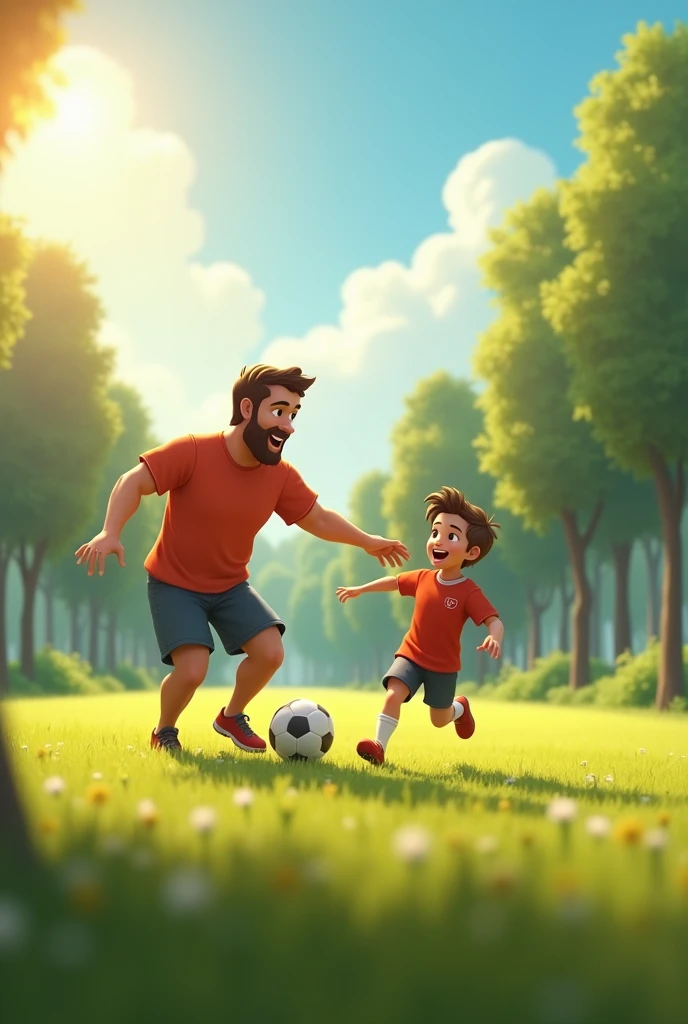 Father playing soccer with his son