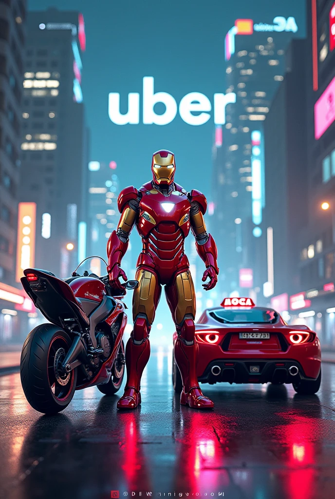 Create a photo with iron man character And a motorcycle and a car Write Uber 99POP