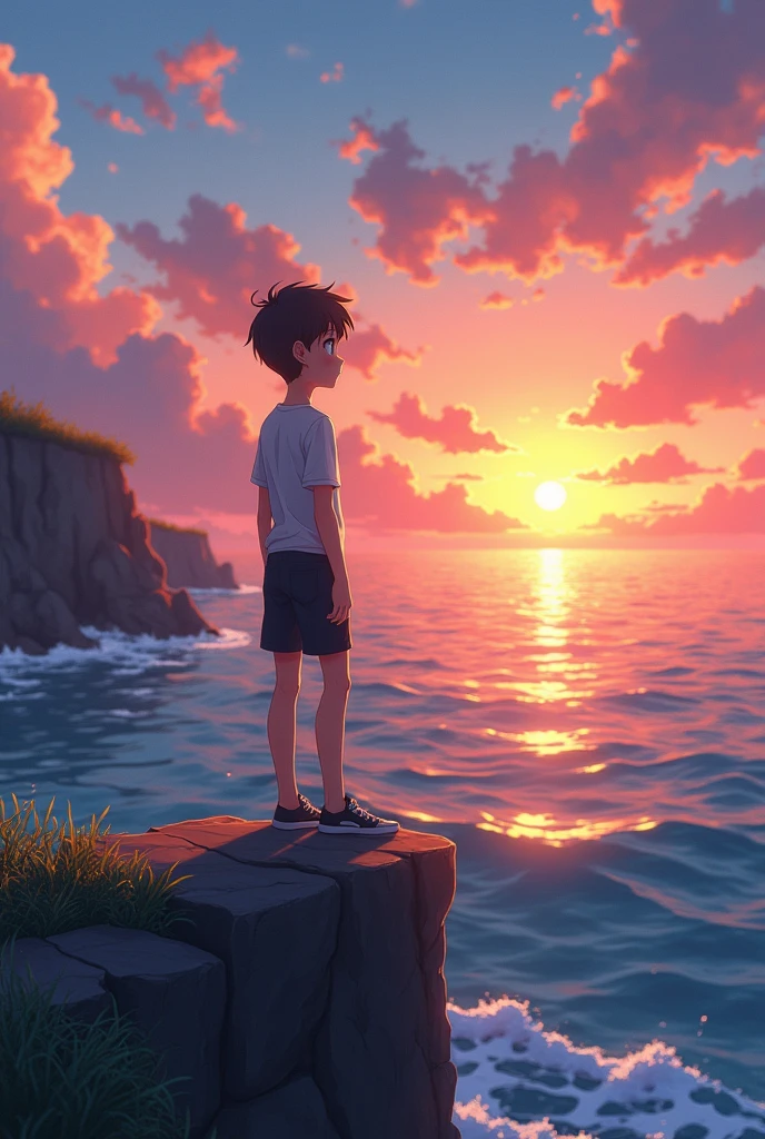 anime boy standing on a cliff overlooking the ocean at sunset, watching the sun set. anime, anime. soft lighting, 4k anime wallpaper, anime girl desktop background, hd anime wallaper, anime wallpaper 8k, anime wallpaper 8k, hd anime wallpaper, beautiful anime portrait, realistic anime artstyle, anime beautiful peace scene, anime wallaper, anime wallpaper