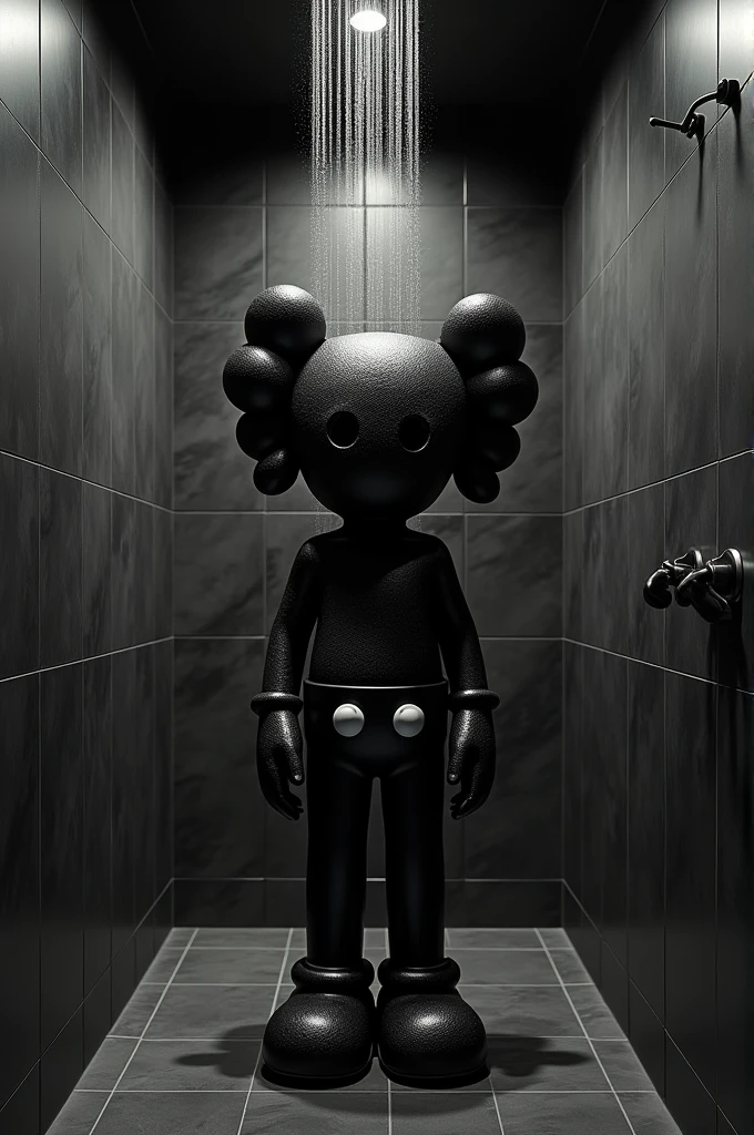 Create a very hyper realistic black kaws in bathroom getting showering