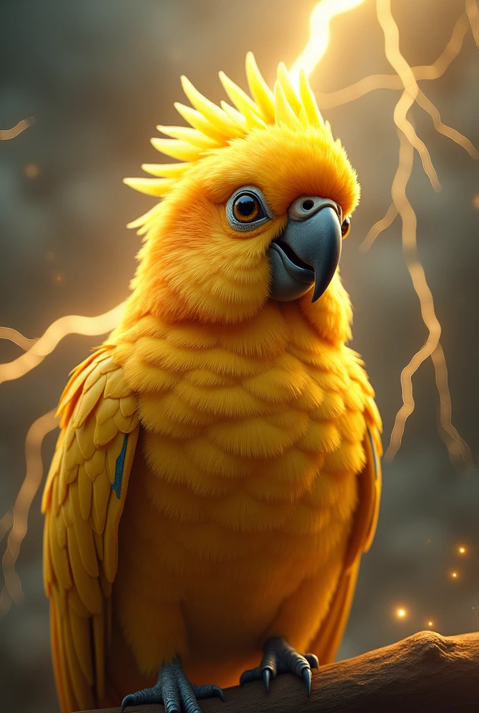 make a gold parrot, smilyng and put thunder arround this bird
