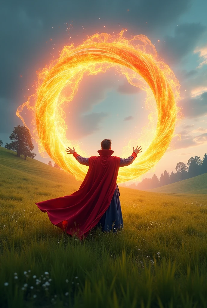 Create an image of Doctor Strange opening an orange portal in the chau stepping on grass 
