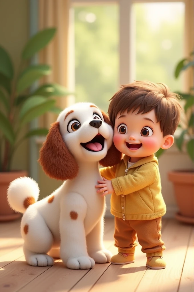 White Cocker Spaniel breed dog with brown spots with a chubby child