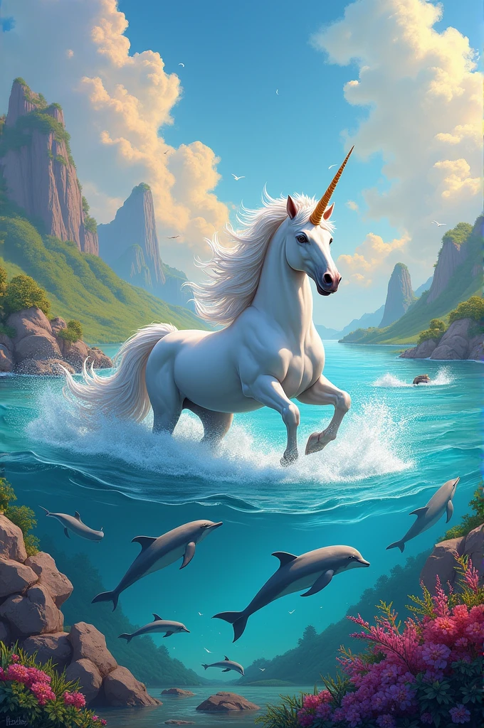 Make a unicorn with dolphins in a colorful landscape