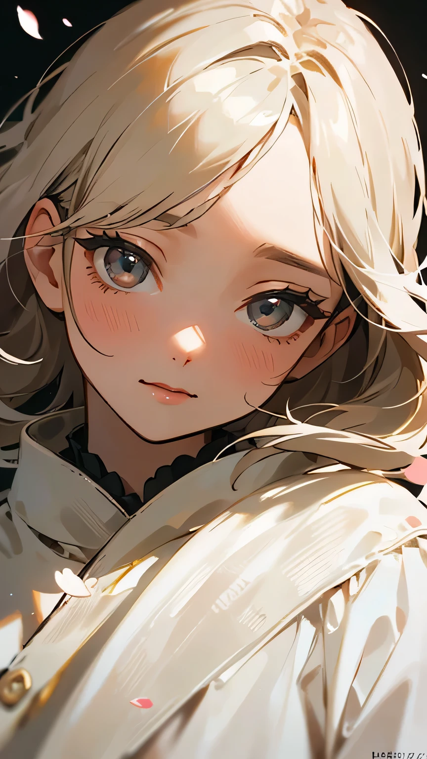 ((Highest quality)), ((masterpiece)), (detailed), One girl, Almond Eye,Close up of face,Falling in the quiet night, White petals touch my heart, Memories of the past come back to life, The cold wind cuts my cheeks