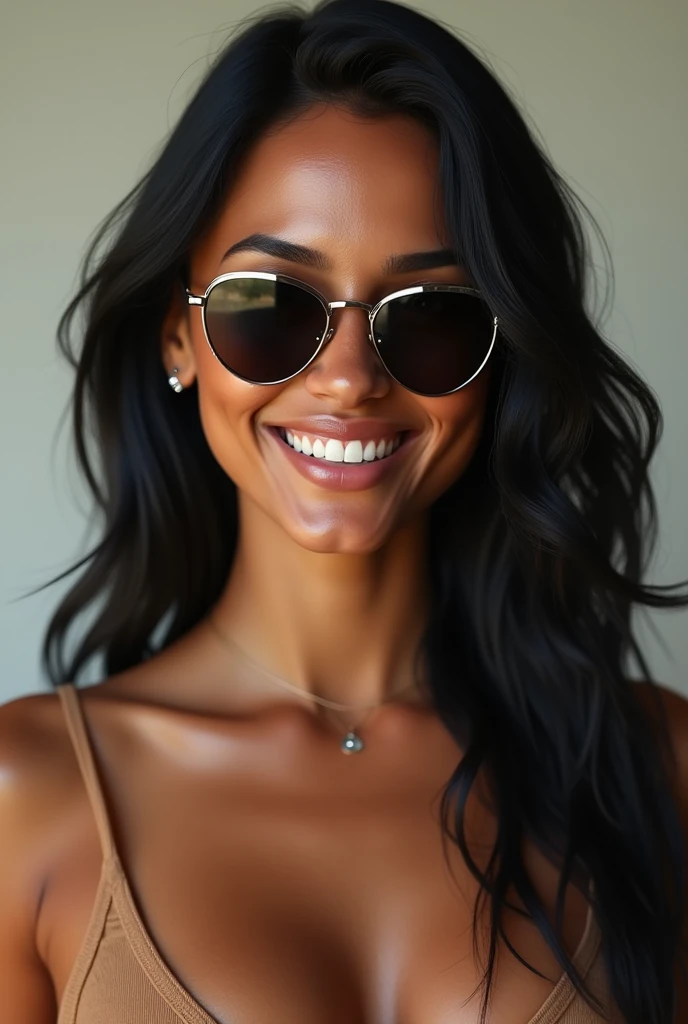 (photorealism:1.2), (photorealism: 1.2), hot brazilian sexy girl in sexy dynamic pose. raw portrait photography, hyper realistic and detailed face, complex and realistic skin texture and full of water, hot body, athletic body, smiling, long black hair with sunglasses