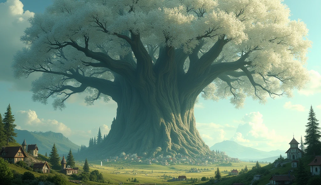 an astronomically large tree, far away view, white leaves, branches reaching far out, immense size, dwarfing other trees, [quaint villages under the shade], [small cottages], [serene ambiance], [tiny houses], [soft sunlight], [calm setting]