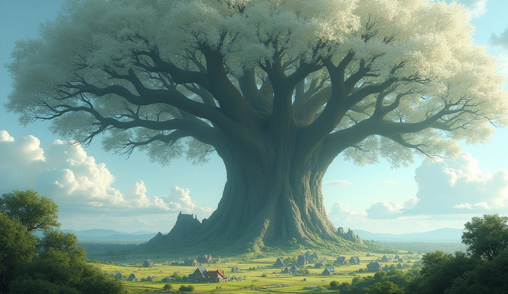 an astronomically large tree, far away view, white leaves, branches reaching far out, immense size, dwarfing other trees, [quaint villages under the shade], [small cottages], [serene ambiance], [tiny houses], [soft sunlight], [calm setting]