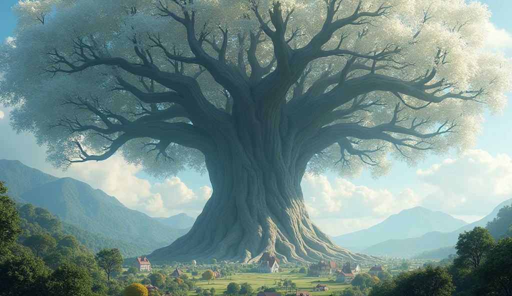 an astronomically large tree, far away view, white leaves, branches reaching far out, immense size, dwarfing other trees, [quaint villages under the shade], [small cottages], [serene ambiance], [tiny houses], [soft sunlight], [calm setting]