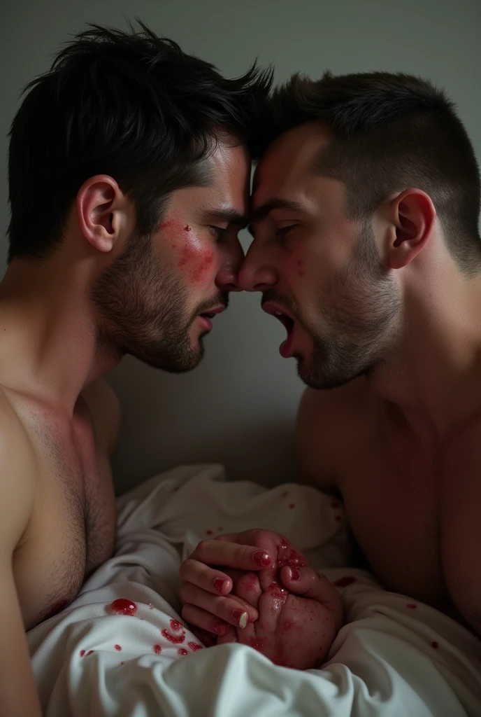 Sweat drops from the brunette man's feet and another man's mouth is watering