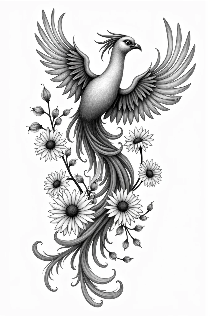 Phoenix on its side with several flowers in black and white