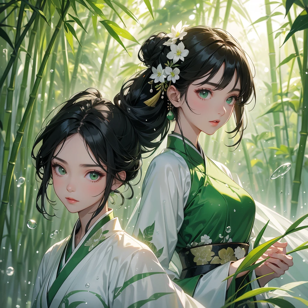 A black hair beautiful female in white-green hanfu dress , close up.
The back is a lush green bamboo forest. The air after rain has water droplets splashing around.
