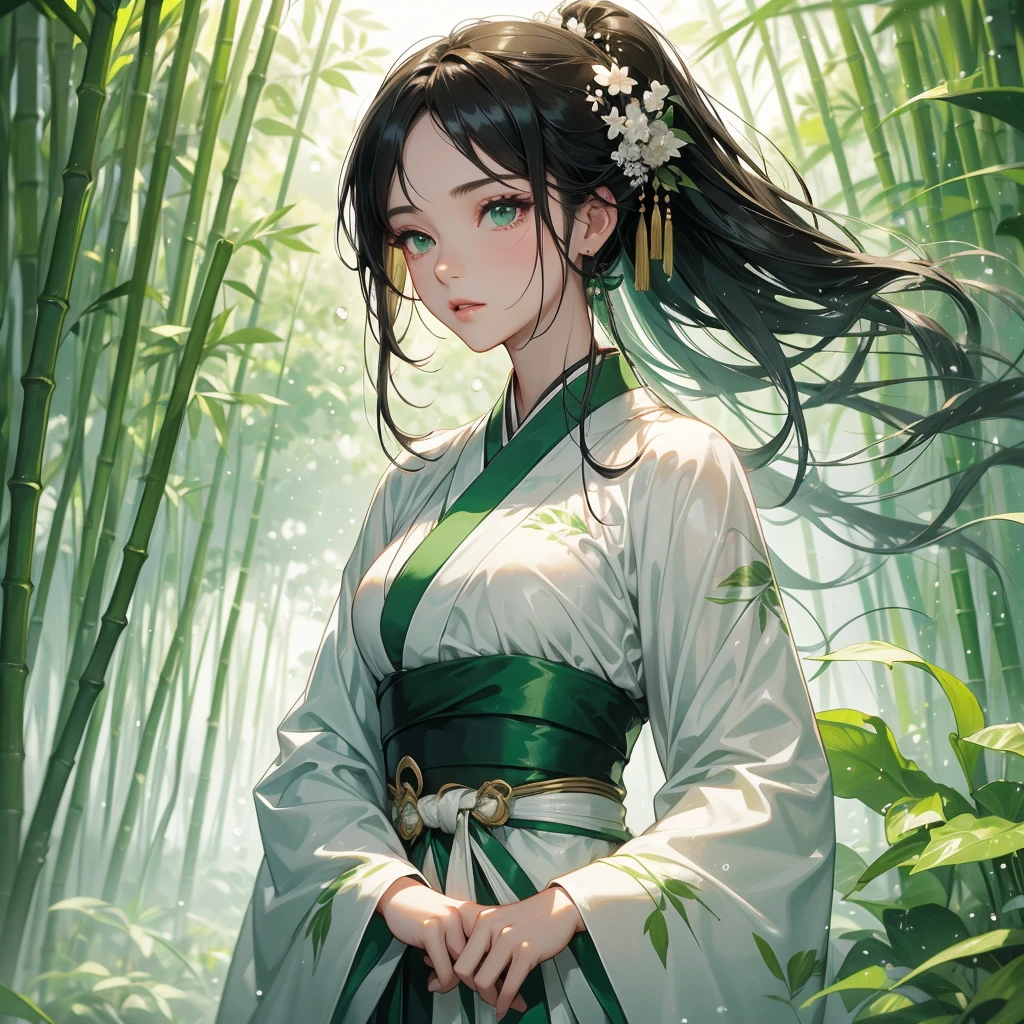 A black hair beautiful female in white-green hanfu dress , close up.

The back is a lush green bamboo forest. The air after rain has water droplets splashing around.