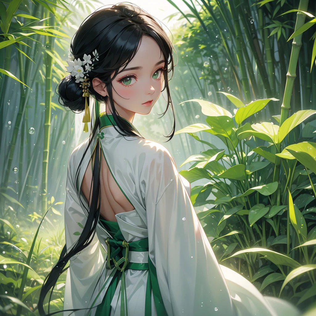 A black hair beautiful female in white-green hanfu dress , close up.

The back is a lush green bamboo forest. The air after rain has water droplets splashing around.