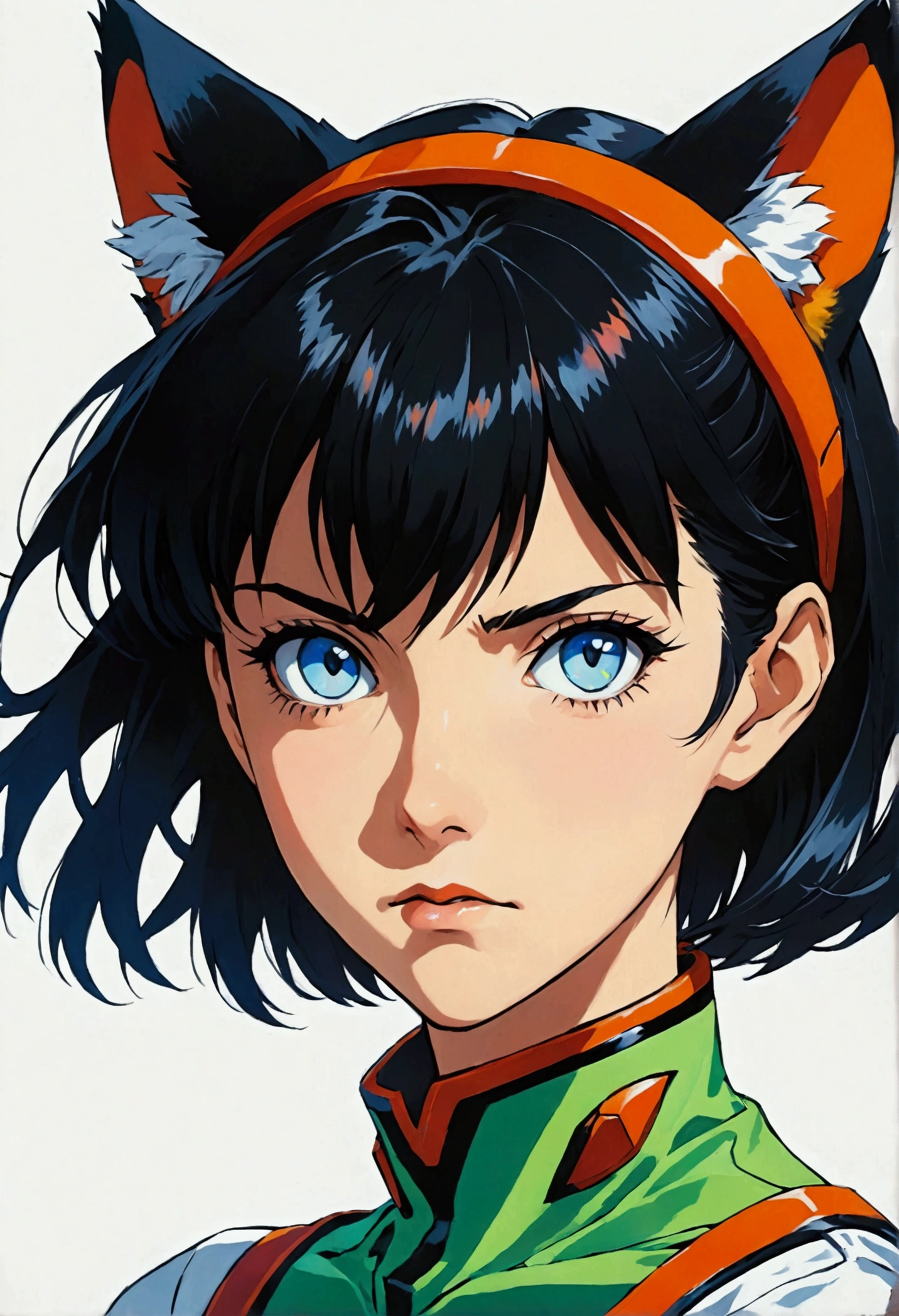 Create an anime character in the 'Neon Genesis Evangelion' style with striking facial features, large and expressive eyes. The character must have a serious expression, a girl with cat ears and short black hair