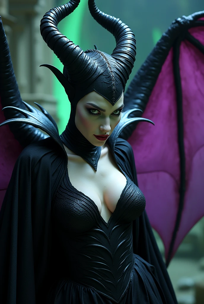 A stunning closeup portrait of Maleficent in the process of transforming into a dragon, she is not quite human, yet not quite a dragon, location is dungeon interior, purple and green light, breasts, powerful, pale eyes 