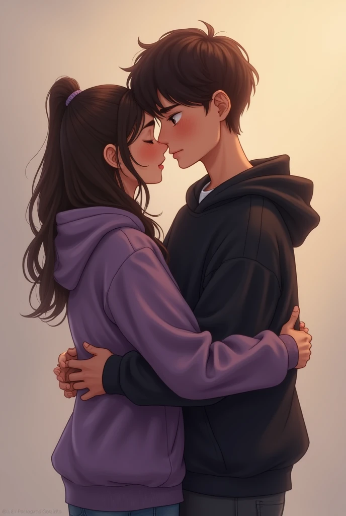 Make two humans hugging each other, a boy and a girl, the girl who has a purple sweatshirt and he has a black sweatshirt
