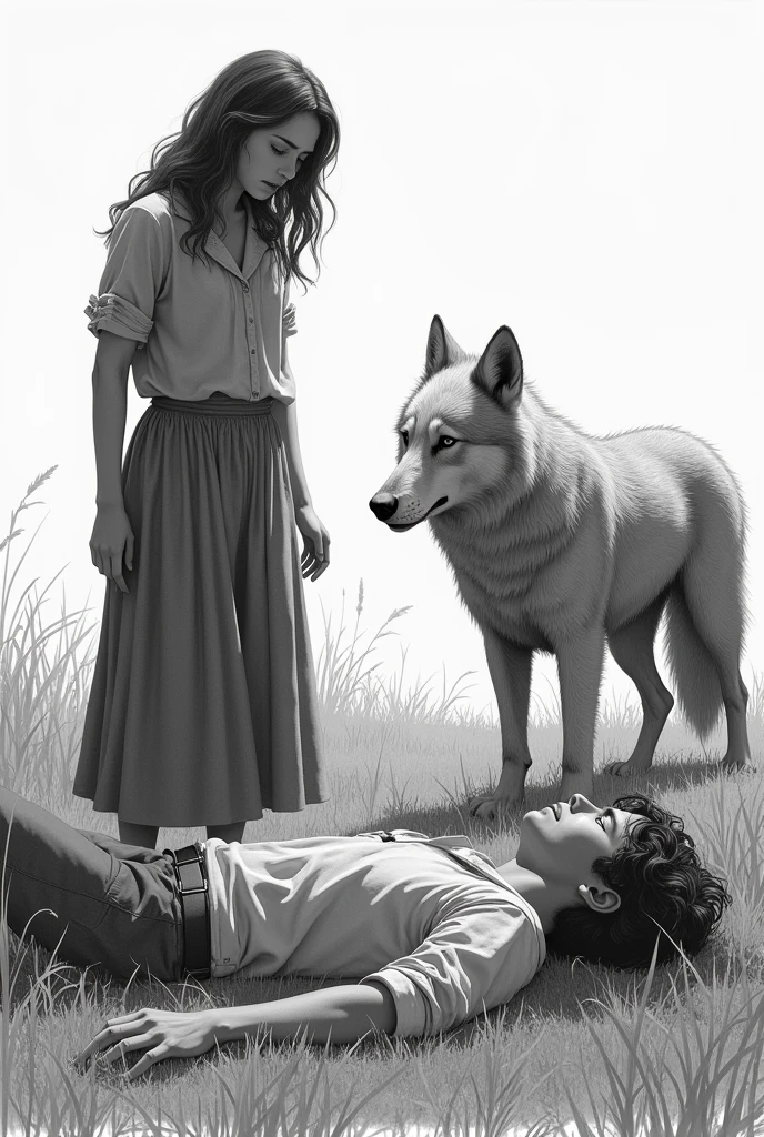 A worried woman,man on the ground in a meadow and with a wolf like the one from white fang there,The photo should be in black and white and do it in pencil and in animation