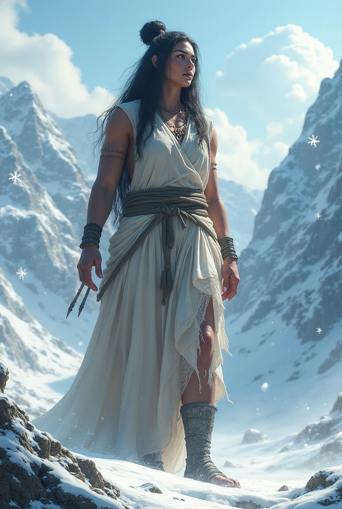 Prehistoric human giant not so muscular, with her hair tied up in a snowy valley with mountains