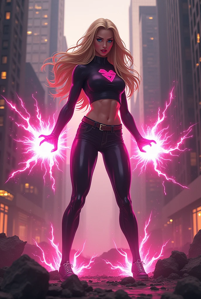 Full body image of an Evil teenage girl with immense power. Blonde hair and blue eyes, long legs, and glossy pink lips curled into a sadistic smile as she devastates Detroit with overwhelming energy blasts.