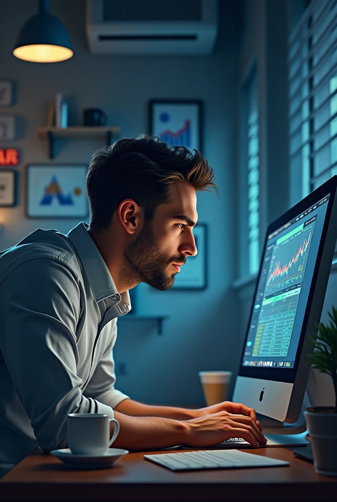A man who works hard on the computer on the computer you can see that he is trading stocks and he is trying very hard